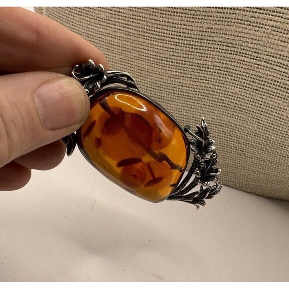 Vintage Sterling Silver Lily Flowers Surrounding Baltic Amber Brooch Pin Signed - Picture 4 of 12